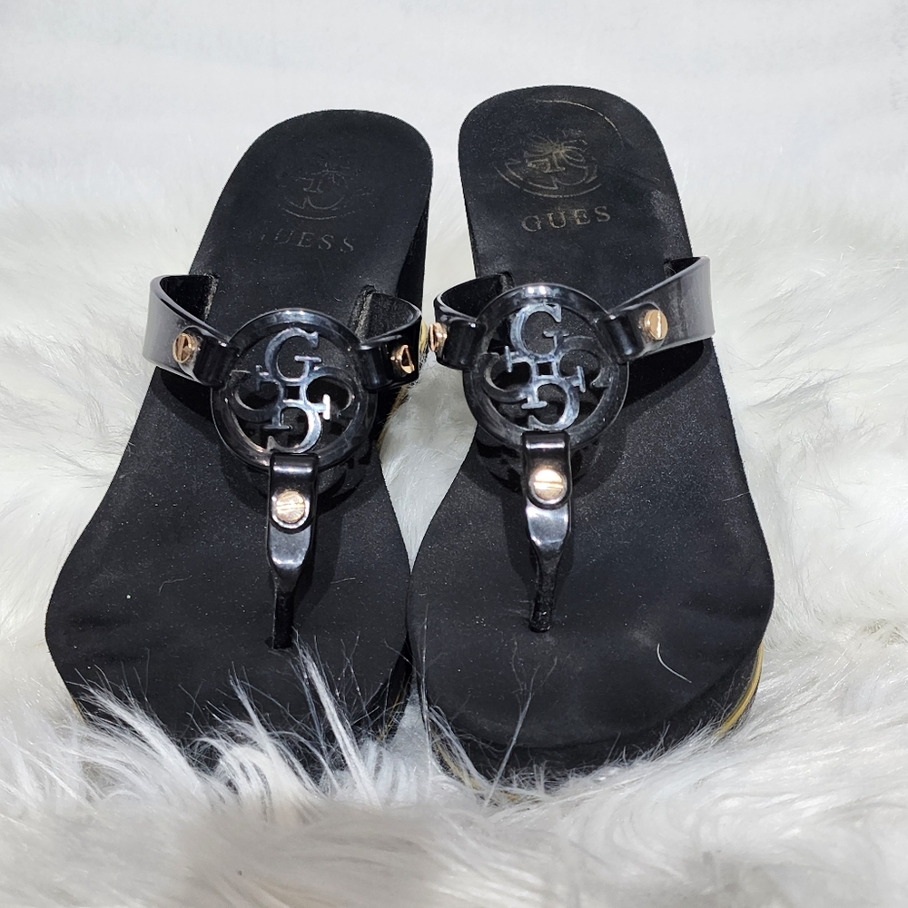 Guess Black and Gold Flip Flop Wedges, Size 6